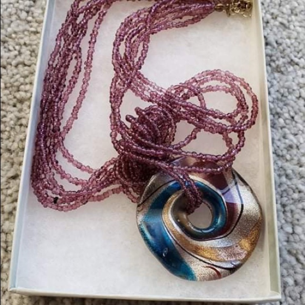 Dichroic Round Glass Pendant Necklace and Seed Bead 6 Strand